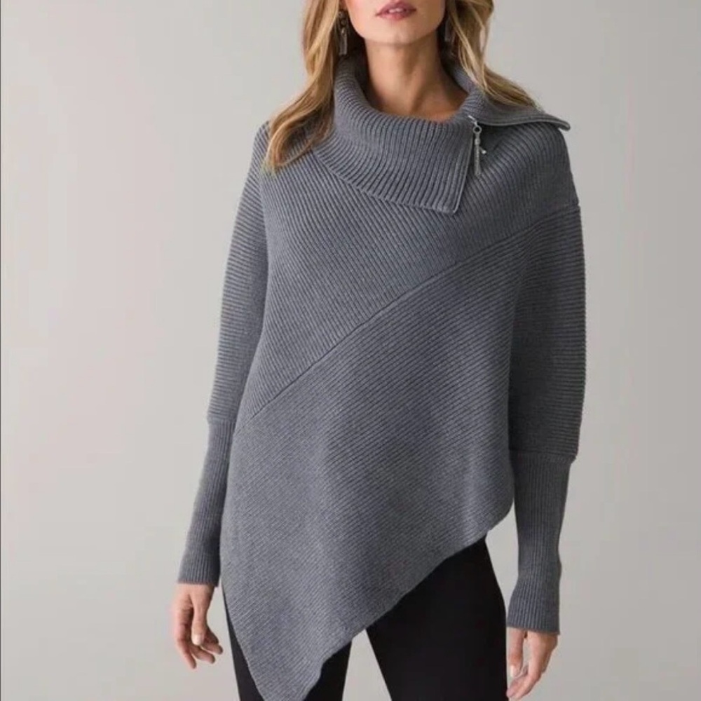 White House Black Market Zip Neck Poncho Sweater Cape Wrap XS/S Grey NWT